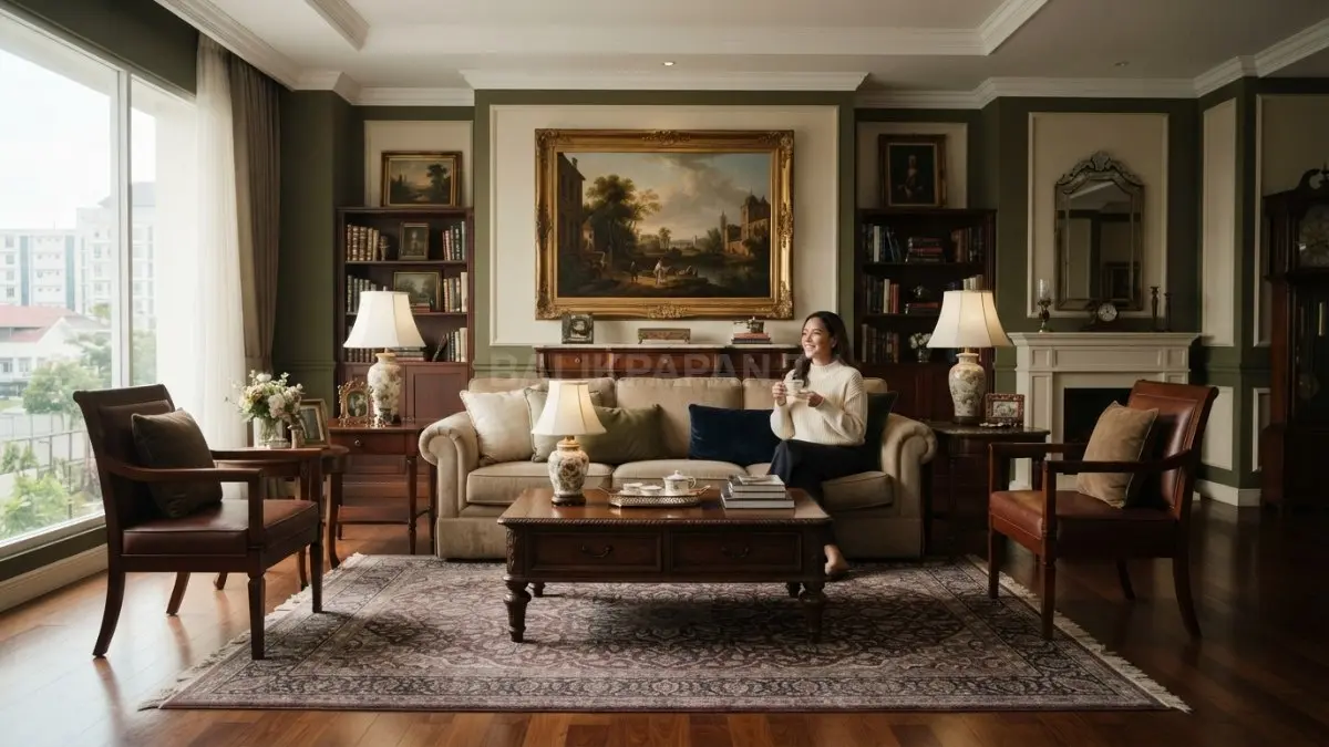 Ruang tamu bergaya old money Eropa memadukan furnitur klasik, lukisan, karpet bermotif, dan palet warna elegan. (BTV/AI)