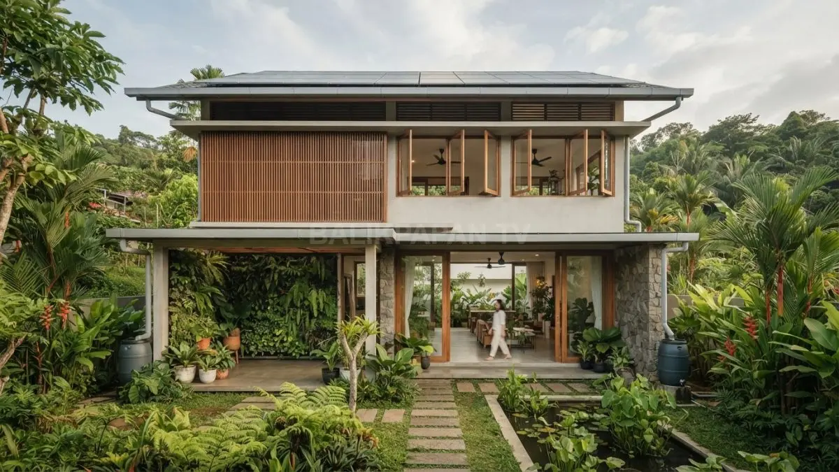 Rumah tropis ramah lingkungan memanfaatkan ventilasi alami, atap lebar, jendela besar, taman hijau, serta panel surya. (BTV/AI)