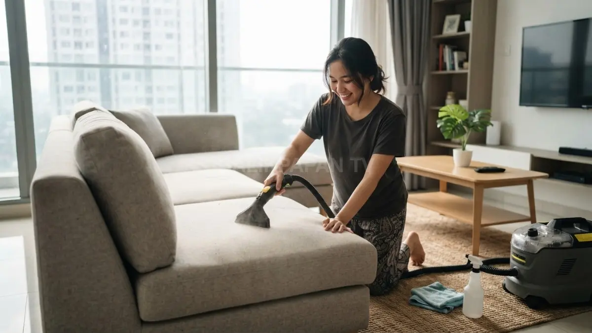 Sofa, karpet, dan gorden rutin dibersihkan agar bebas debu, kotoran, serta aroma tidak sedap setiap hari (BTV/AI).