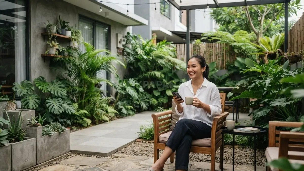 Taman minimalis dengan area duduk menciptakan ruang santai nyaman, estetis, fungsional, dan cocok untuk lahan terbatas (BTV/AI)
