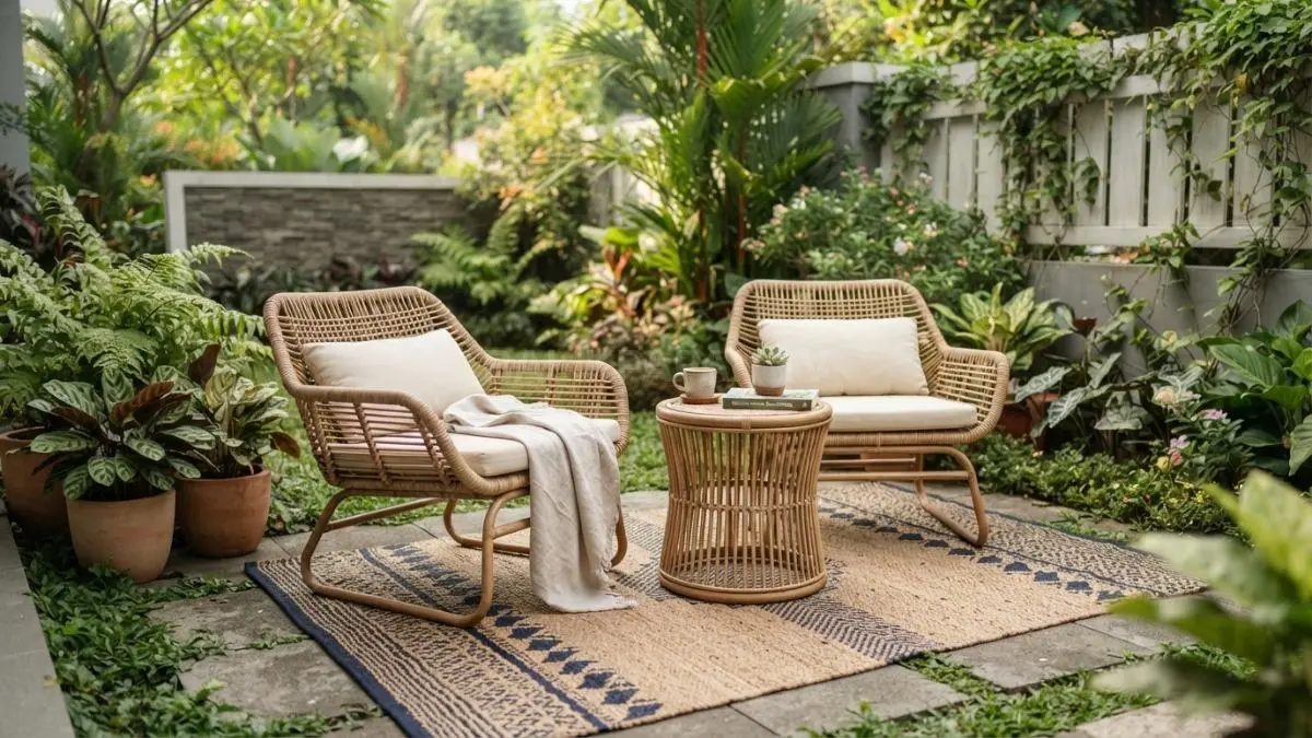 Teras mini dengan kursi rotan menghadirkan ruang santai outdoor yang nyaman, estetik, praktis, dan hemat tempat (BTV/AI)

