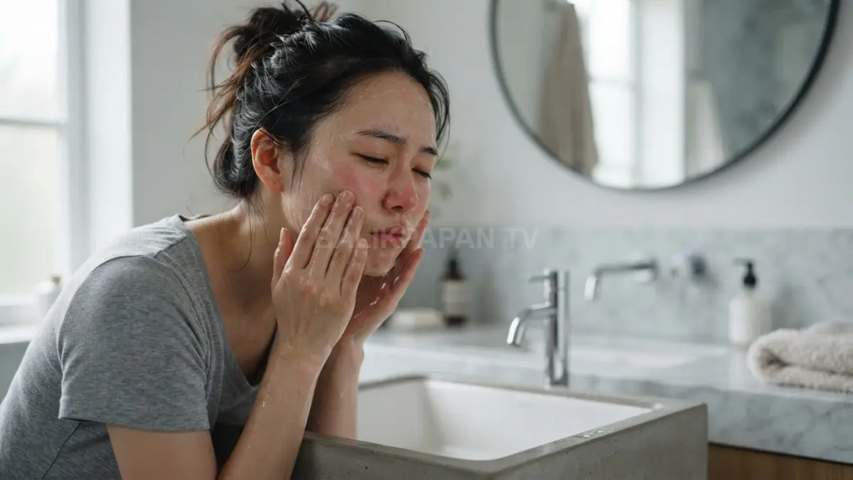 Terlalu sering mencuci wajah berisiko merusak skin barrier serta memicu kulit kering dan kemerahan. (BTV/Ai)