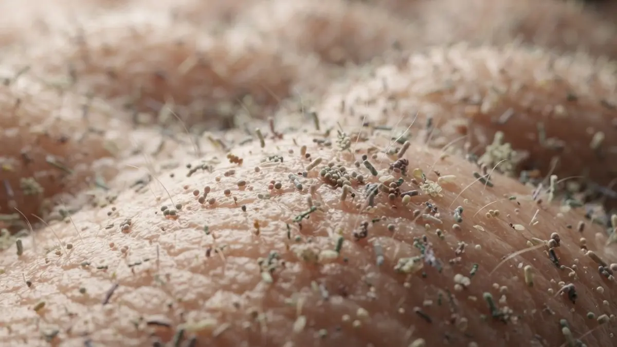 Visualisasi skin microbiome menampilkan ekosistem mikroorganisme alami yang menjaga kesehatan dan keseimbangan kulit. (BTV/Ai)