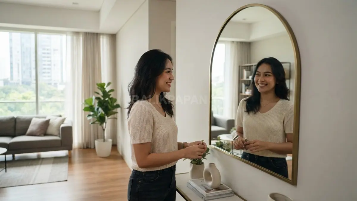 Cermin memantulkan cahaya, menciptakan ilusi ruang lebih luas, sekaligus mempercantik interior minimalis (BTV/AI).
