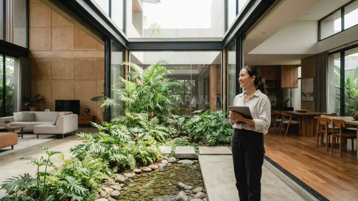 Courtyard minimalist house menghadirkan taman tengah sebagai sumber cahaya, udara alami, dan privasi hunian elegan. (BTV/AI)