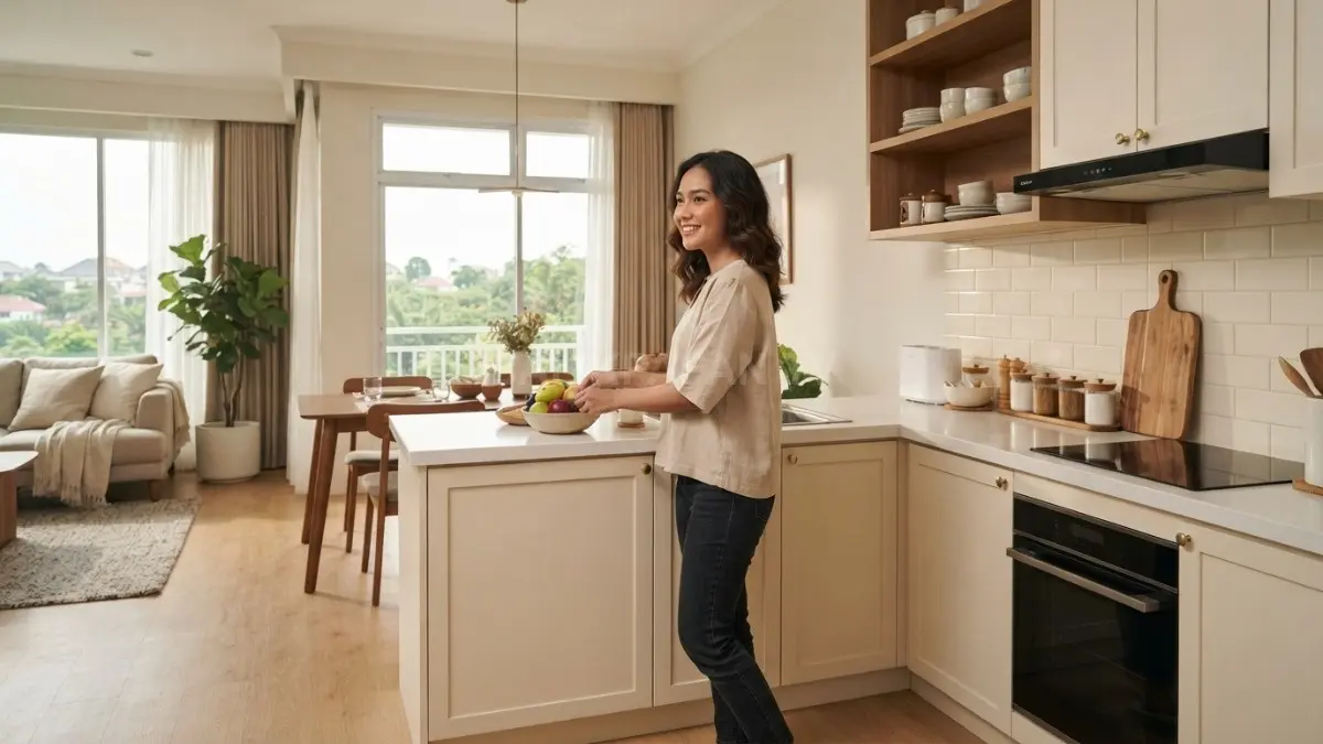 Dapur Korea modern classic memadukan kabinet ivory, aksen kayu, countertop lembut, dan penyimpanan tertutup fungsional. (BTV/AI)