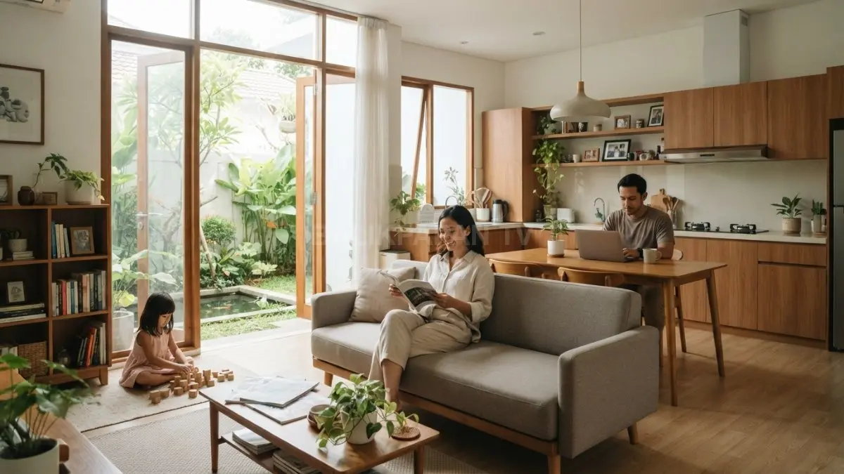 Dapur terbuka dan ruang keluarga hangat menghadirkan suasana rumah anime melalui material kayu, cahaya, serta tanaman. (BTV/AI)