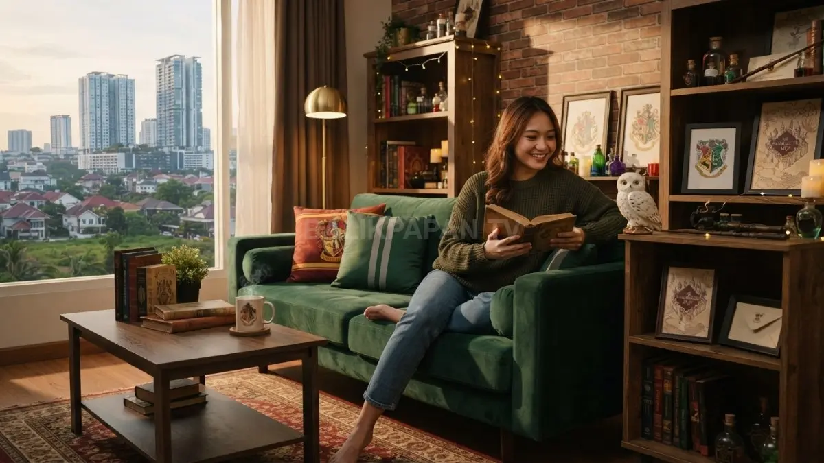 Dekorasi rumah ala Harry Potter menghadirkan atmosfer Hogwarts melalui warna gelap, kayu, pencahayaan hangat, dan buku. (BTV/AI)