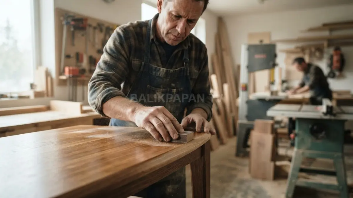Finishing proyek DIY dengan pengamplasan rapi dan pemeriksaan sambungan agar hasil akhir terlihat lebih profesional. (BTV/AI)