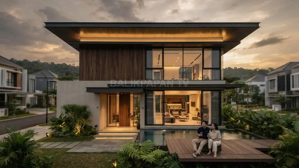 Floating roof memberikan karakter premium melalui garis horizontal, overhang, plafon tinggi, dan pencahayaan tersembunyi elegan. (BTV/AI)