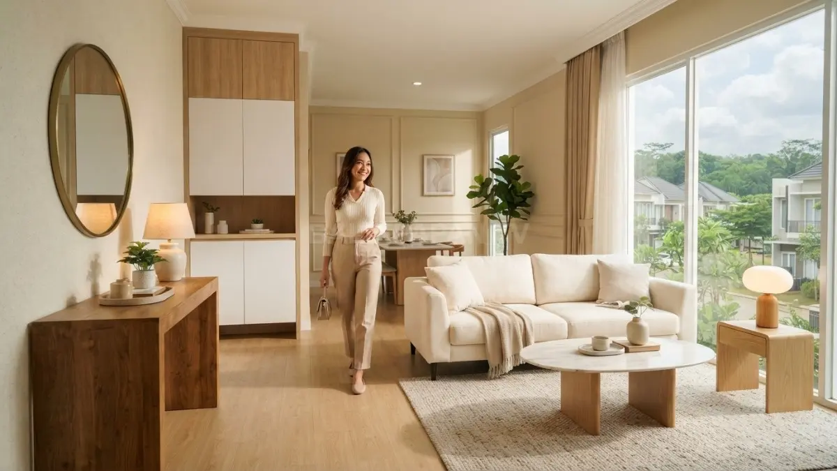 Foyer dan ruang keluarga Korea modern classic memadukan warna netral, kayu, furnitur sederhana, serta pencahayaan hangat. (BTV/AI)