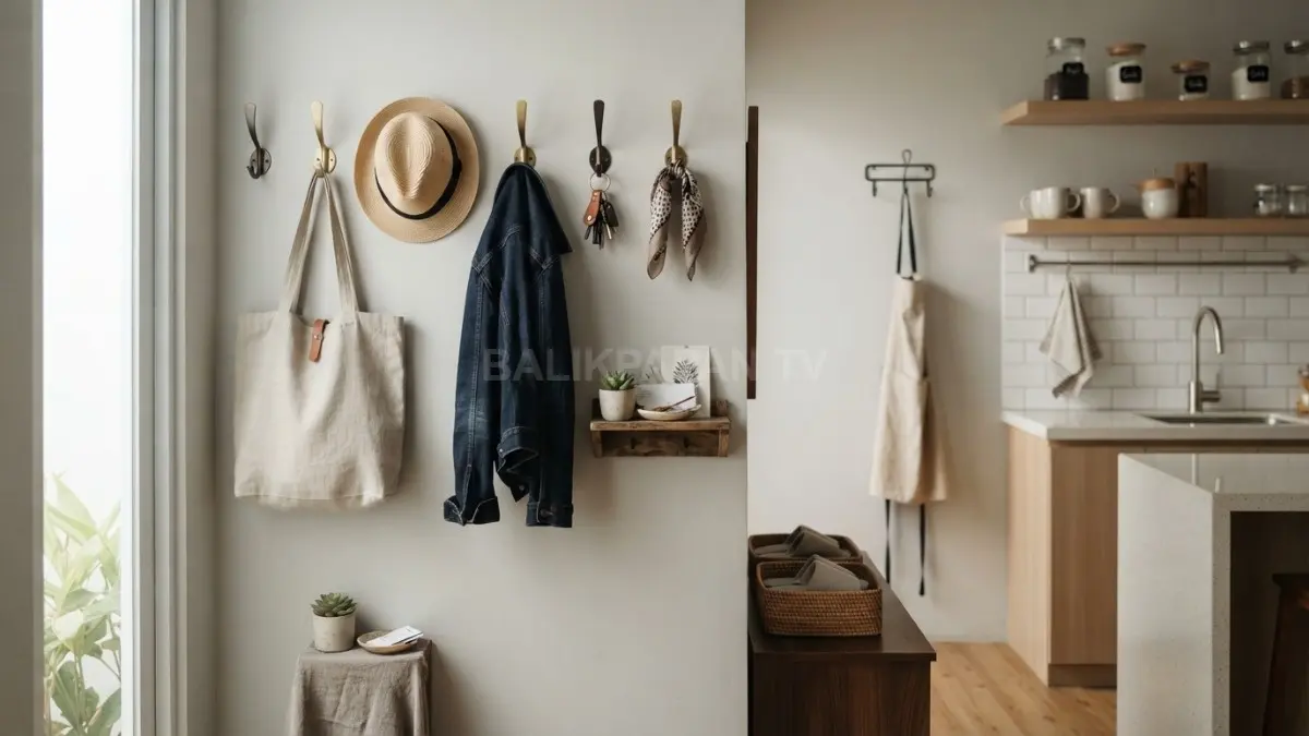 Gantungan dinding di dapur dan kamar mandi menjadi dekorasi fungsional untuk menyimpan perlengkapan sehari-hari secara rapi. (BTV/AI)