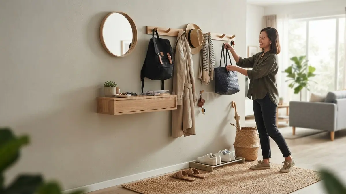 Gantungan dinding di entryway membantu menata tas dan jaket harian sekaligus menciptakan area penyimpanan praktis. (BTV/AI)