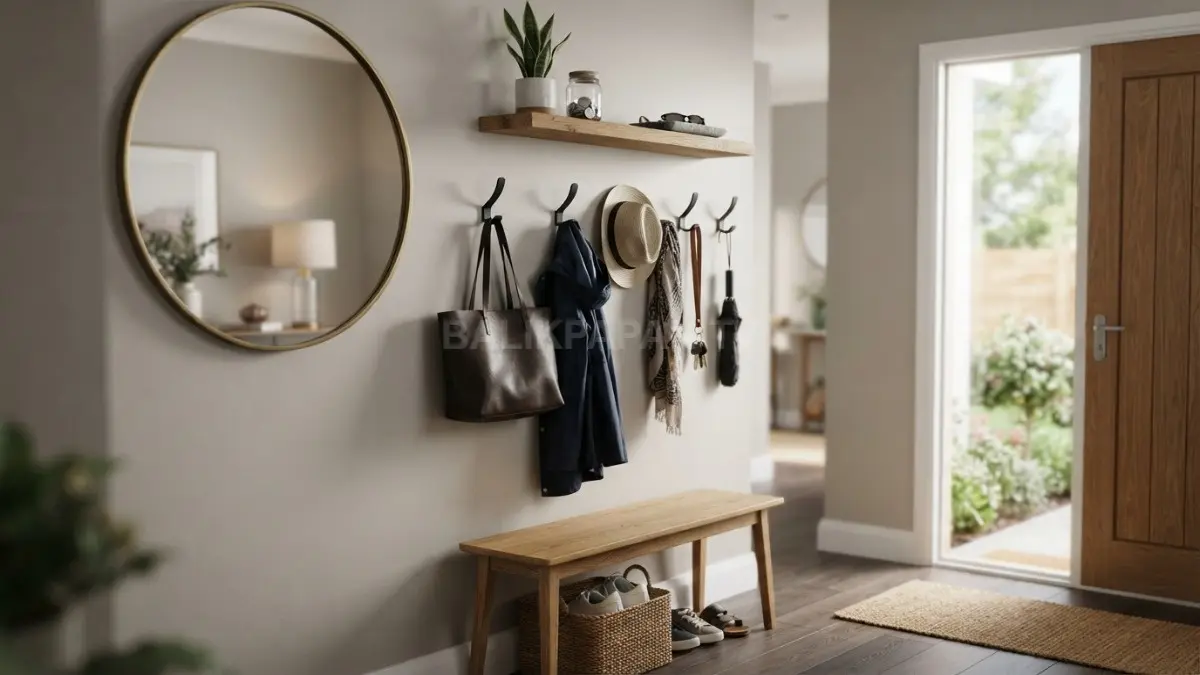 Gantungan dinding entryway membantu menyimpan tas, jaket, topi, dan aksesori sekaligus mempercantik area pintu masuk rumah. (BTV/AI)