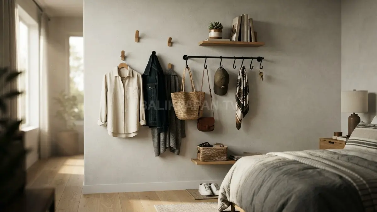 Gantungan dinding kamar tidur menjadi wardrobe terbuka untuk pakaian, tas, topi, dan aksesori yang sering digunakan. (BTV/AI)