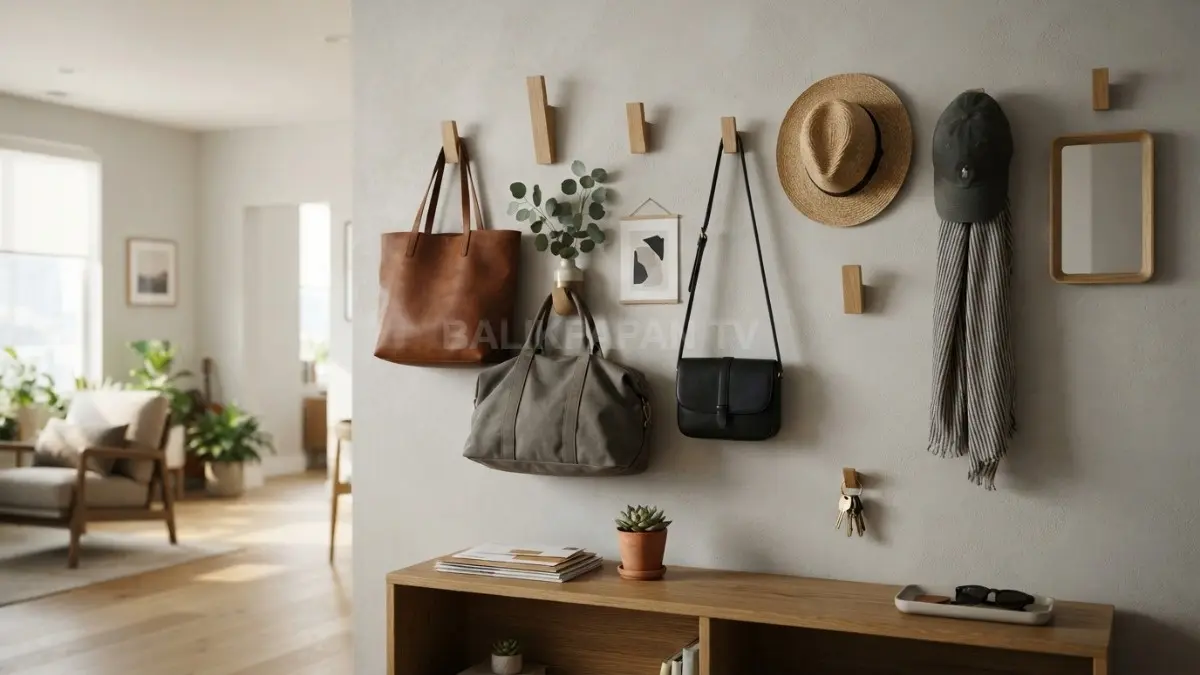 Gantungan tas dan aksesori ditata sebagai wall display fungsional dengan komposisi rapi, dekoratif, dan hemat ruang. (BTV/AI)
