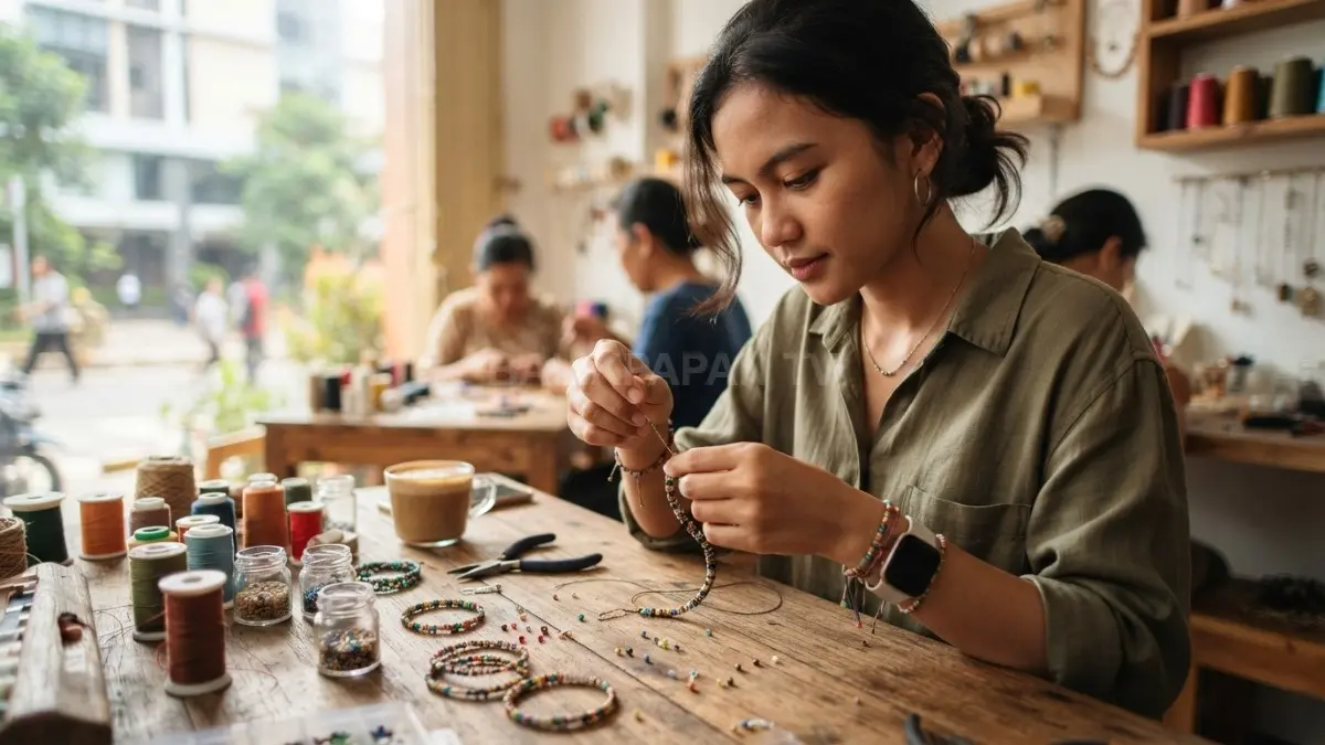 Gelang rajut dengan manik-manik tampil unik, personal, dan cocok jadi aksesori handmade kekinian (BTV/AI).
