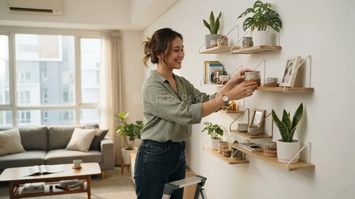 Inspirasi rak dinding kreatif membantu rumah minimalis lebih rapi, fungsional, estetik, dan hemat ruang (BTV/AI). 