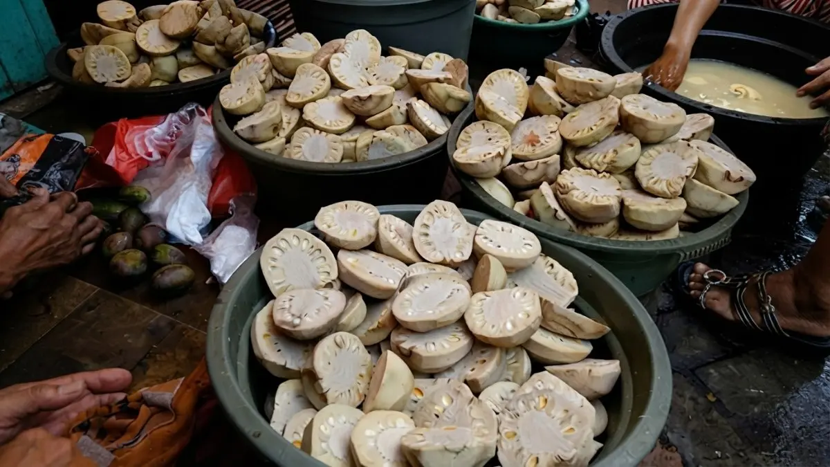 Jaruk Tarap merupakan olahan buah tarap muda yang difermentasi menggunakan larutan garam khas Banjar. (BTV/AI)