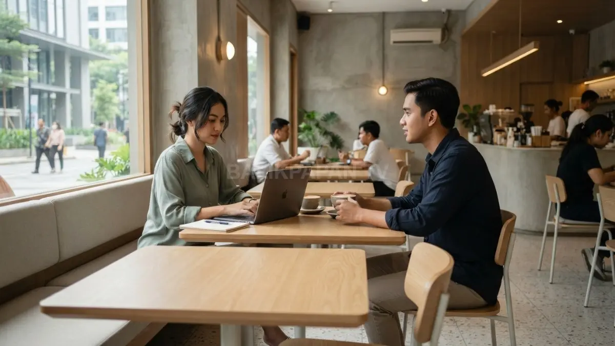 Kafe ala Korea dengan furnitur minimalis, garis bersih, sirkulasi nyaman, dan karakter material yang menonjol (BTV/AI)
