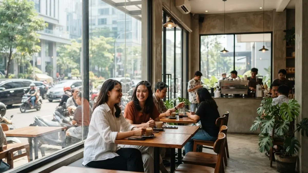 Kafe dengan bukaan kaca besar menghadirkan cahaya alami, suasana terbuka, dan spot duduk estetik (BTV/AI)
