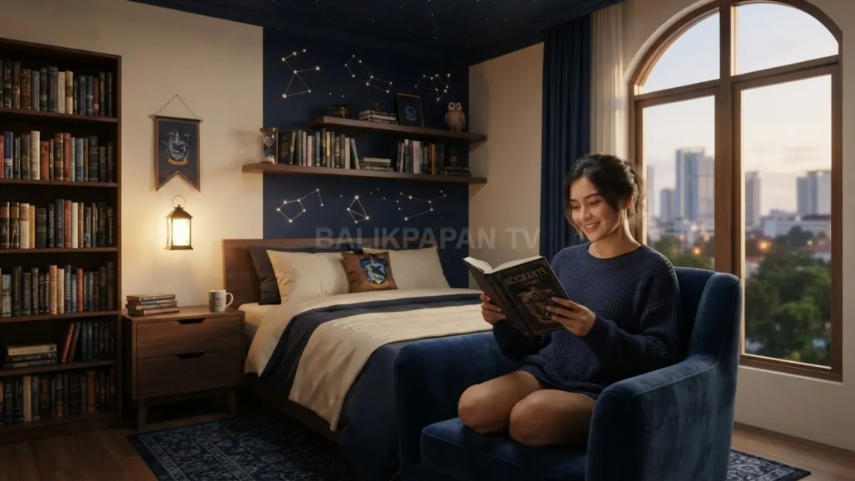 Kamar ala Ravenclaw memadukan biru tua, aksen bronze, kayu, pencahayaan klasik, dan dekorasi bintang elegan. (BTV/AI)