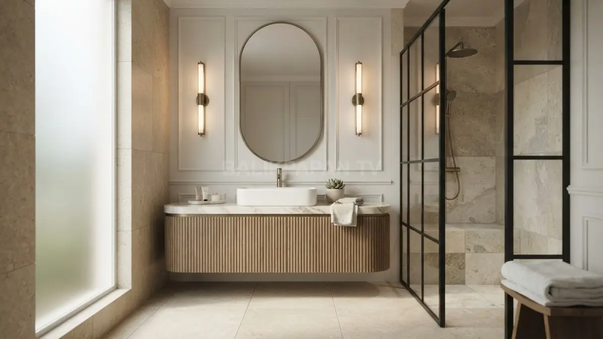 Kamar mandi Korea modern classic memadukan batu, warna netral, cermin membulat, dan pencahayaan hangat elegan. (BTV/AI)