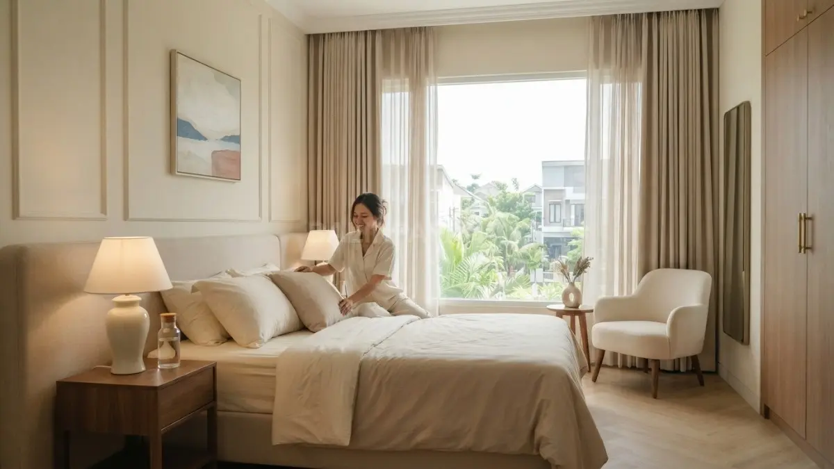 Kamar tidur Korea modern classic memadukan warna netral, headboard elegan, pencahayaan hangat, dan dekorasi sederhana. (BTV/AI)