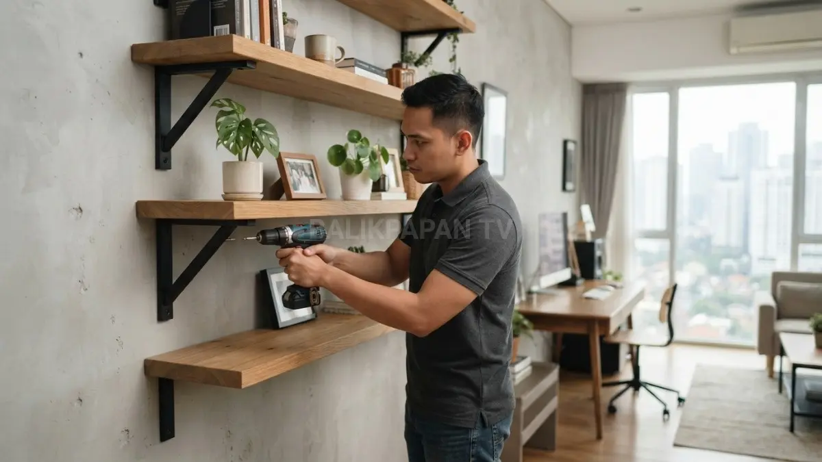 Kayu dan bracket besi menciptakan rak dinding hangat, modern, kuat, serta cocok untuk berbagai gaya interior (BTV/AI)