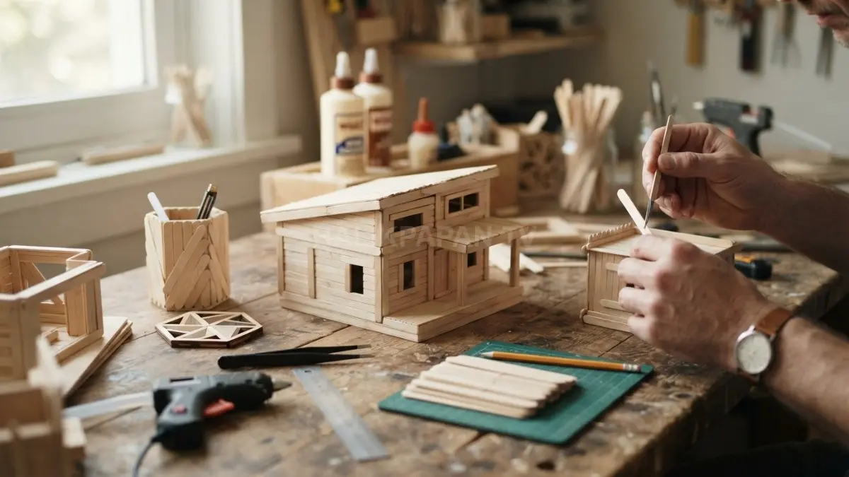 Kerajinan stik kayu sederhana dapat menghasilkan miniatur, tempat pensil, tatakan, dan dekorasi kreatif dengan biaya terjangkau. (BTV/AI)