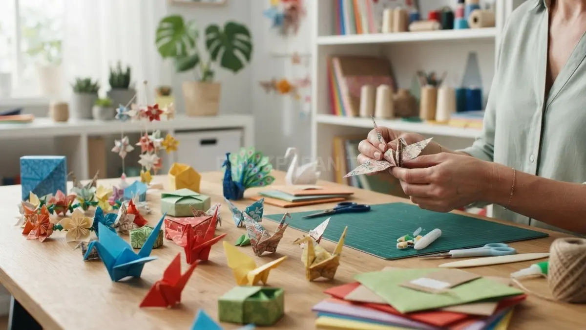 Kertas warna dilipat kreatif menjadi origami unik untuk menghias ruangan, kartu, dan ornamen meja sederhana. (BTV/AI)