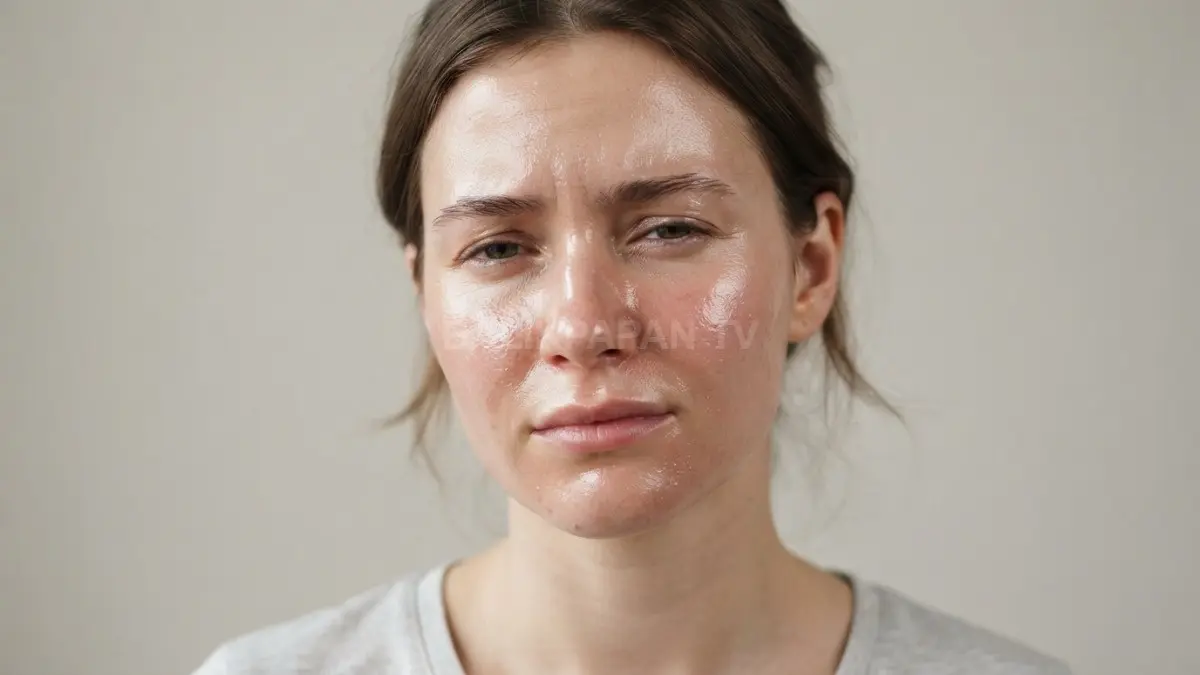 Kondisi irritated glow menampilkan wajah mengilap namun tampak sensitif, perih, dan mengalami iritasi kulit nyata. (BTV/Ai)
