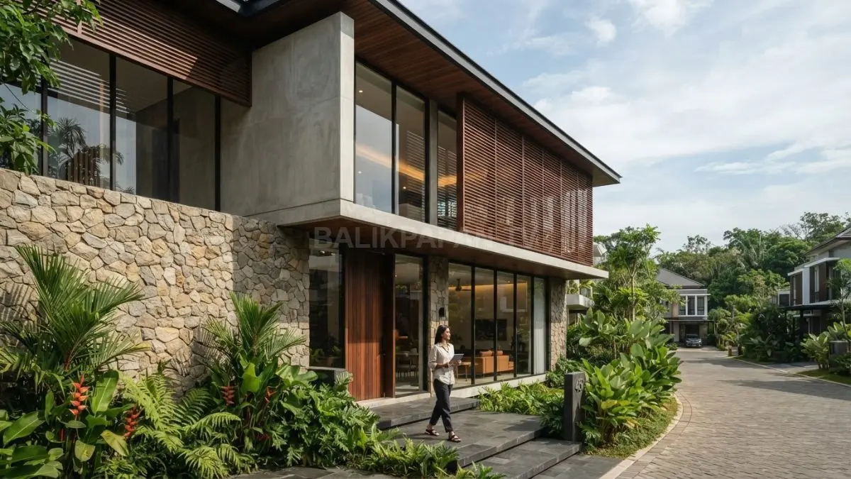 Luxury minimalist house bergaya monolitik memadukan batu alam, beton ekspos, kaca besar, dan kayu hangat elegan. (BTV/AI)
