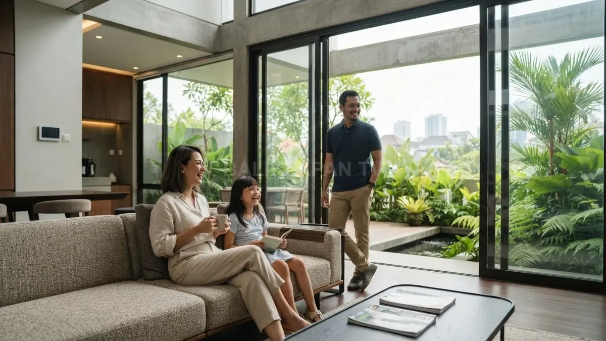 Luxury minimalist house memadukan proporsi ruang, material natural, pencahayaan, serta teknologi tersembunyi untuk hunian elegan. (BTV/AI)