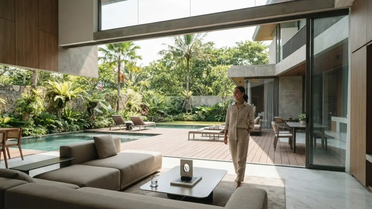 Luxury minimalist house menghadirkan ruang indoor-outdoor melalui pintu kaca besar, taman, kolam, dan ventilasi alami. (BTV/AI)