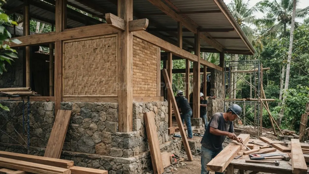 Material lokal seperti kayu, bambu, dan batu alam memperkuat karakter bangunan sekaligus menyesuaikan lingkungan sekitar. (BTV/AI)