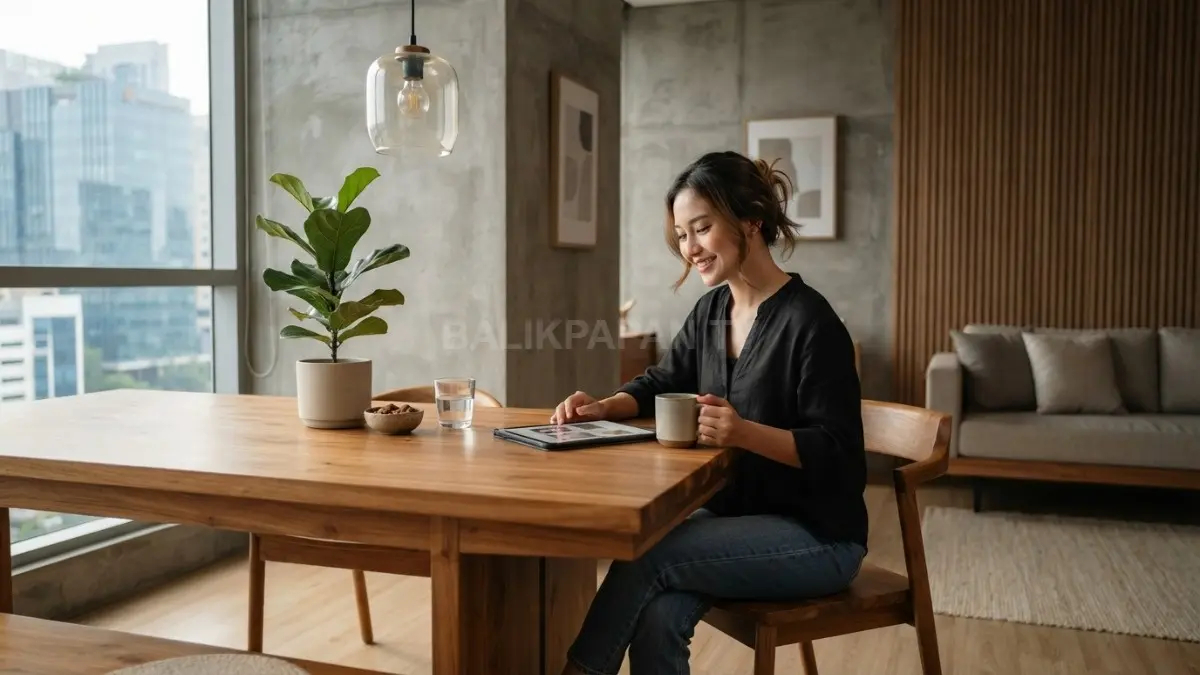 Material natural seperti kayu menghadirkan kehangatan, dipadukan beton, kaca, dan warna netral agar interior tetap harmonis (BTV/AI).
