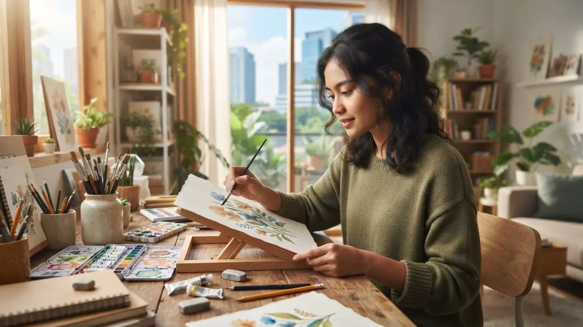 Melukis menjadi hobi kreatif untuk menuangkan ide, melatih imajinasi, dan mengasah kemampuan visual secara menyenangkan (BTV/AI)
