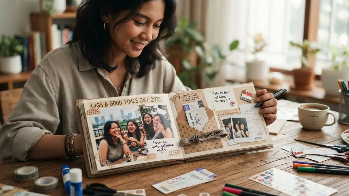 Memory box scrapbook menyimpan foto, tiket, kartu, dan benda kecil penuh cerita dalam satu kenangan personal (BTV/AI).
