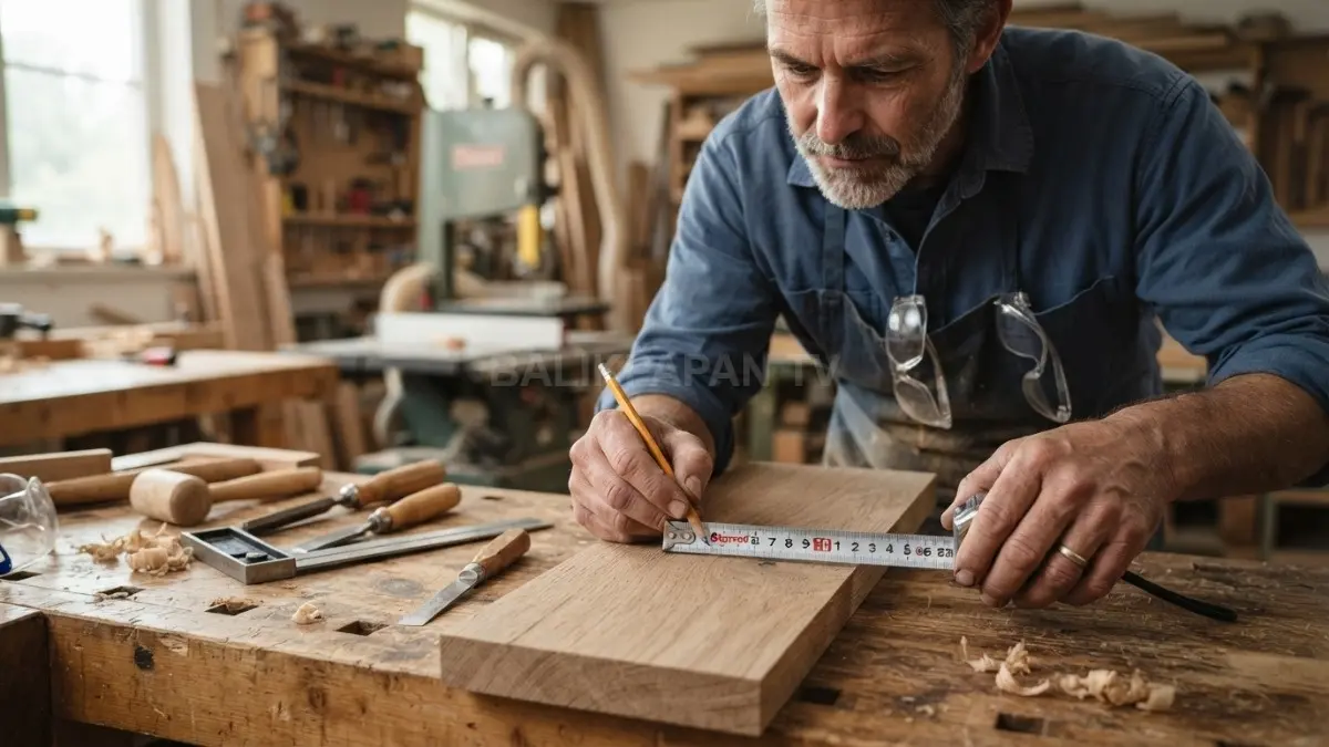 Mengukur material secara teliti sebelum memotong membantu memastikan sambungan komponen presisi dan hasil proyek DIY rapi. (BTV/AI)