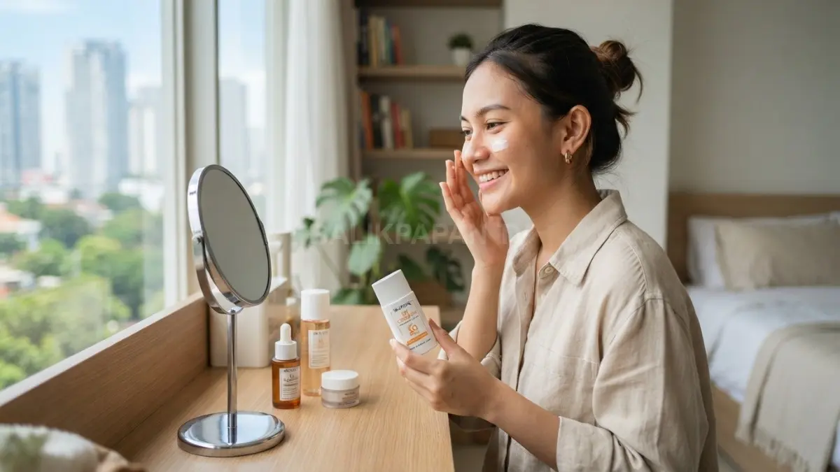 Menjadikan sunscreen sebagai kebiasaan pagi membantu rutinitas skincare lebih konsisten, praktis, dan mudah diingat setiap hari (BTV/AI).