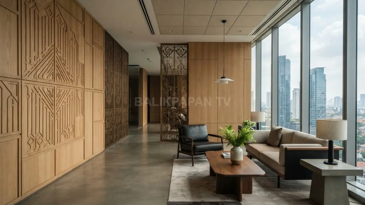 Motif tradisional digunakan sebagai aksen dinding, kisi-kisi, pagar, dan pintu untuk memperkuat karakter budaya bangunan modern. (BTV/AI)