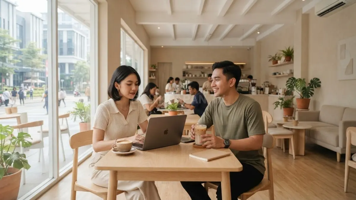 Palet warna netral dan lembut menciptakan kafe yang tenang, bersih, hangat, serta estetik (BTV/AI).
