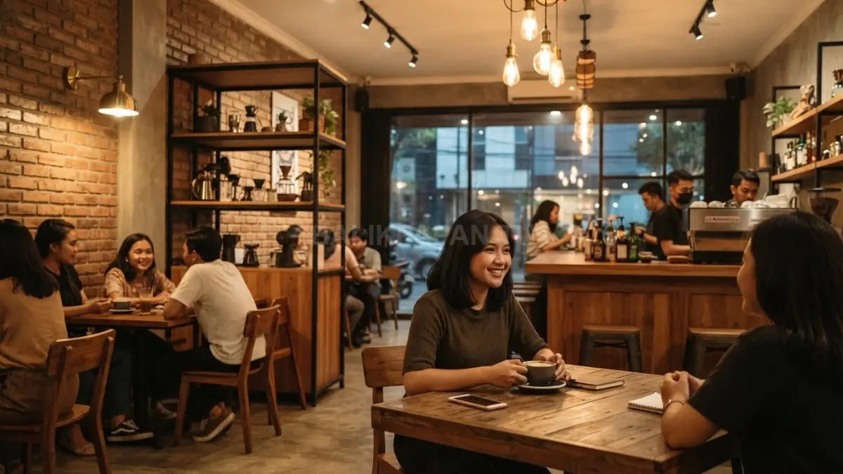 Pencahayaan hangat membuat suasana kafe semakin nyaman, estetik, dan menarik saat sore hingga malam hari (BTV/AI)
