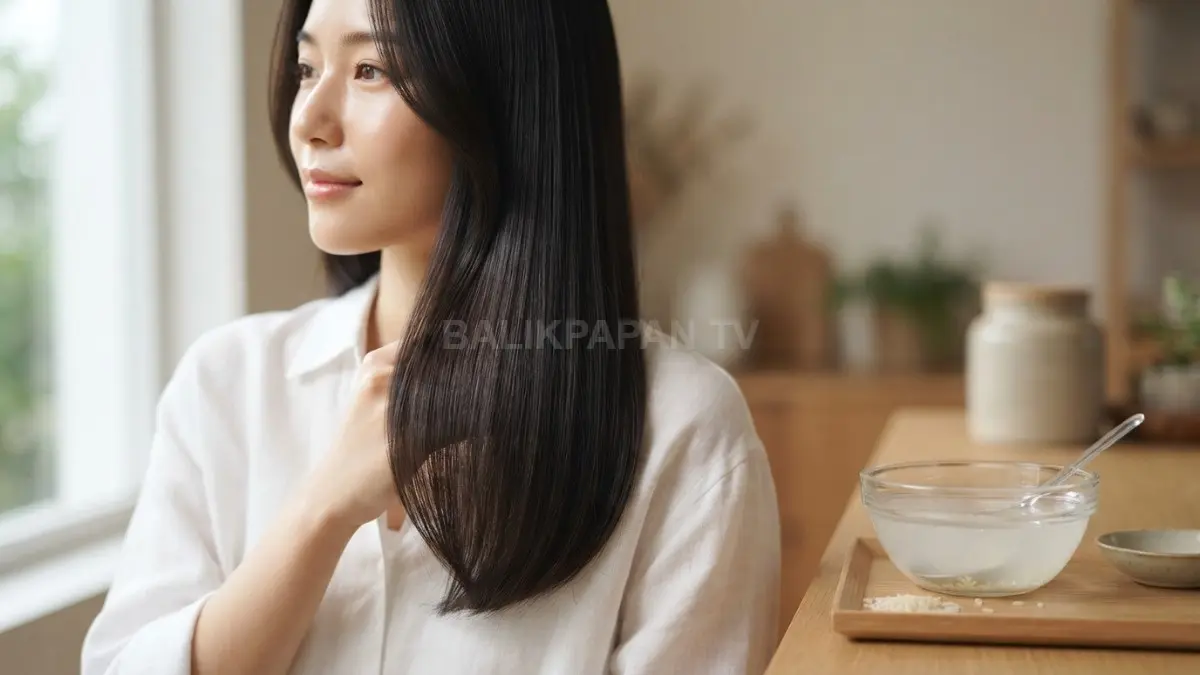 Perawatan air beras tradisional membantu menjaga kelembutan serta kilau alami rambut agar tetap sehat. (BTV/Ai)