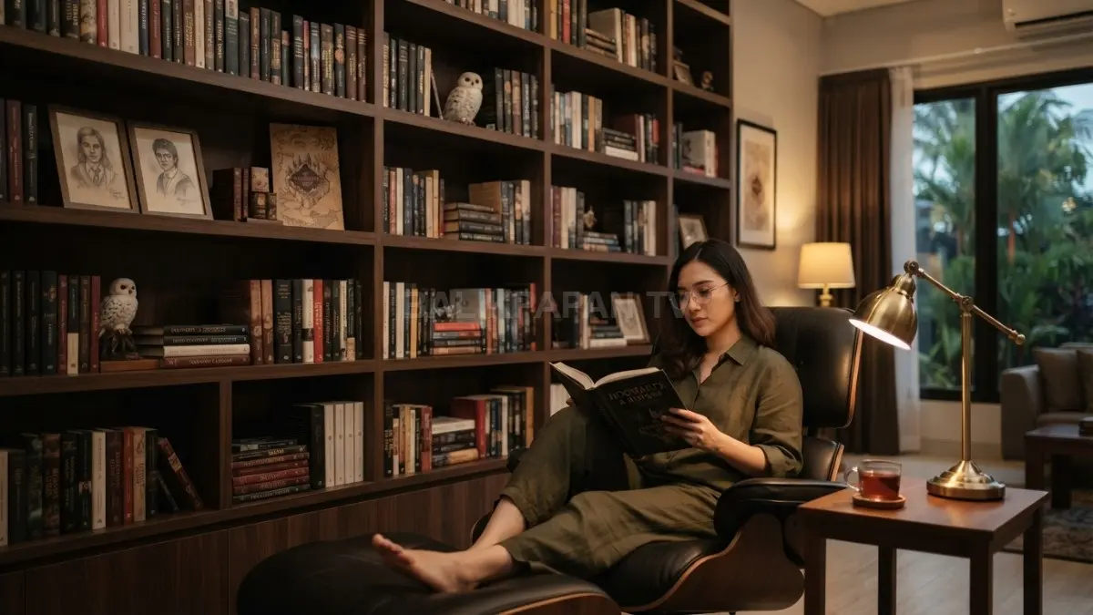 Perpustakaan rumah bernuansa Hogwarts menghadirkan rak kayu tinggi, buku klasik, lampu hangat, dan kursi baca nyaman. (BTV/AI)