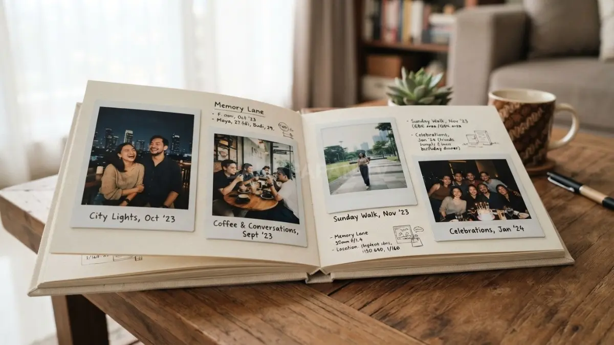 Polaroid memory scrapbook minimalis menjadi cara estetik menyimpan momen, memadukan foto, tulisan, dan dekorasi personal (BTV/AI).
