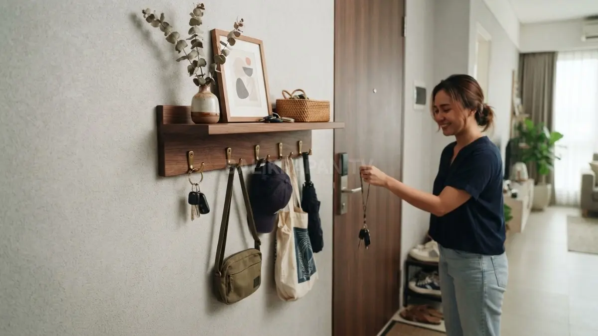 Rak dinding berkait bikin barang harian lebih rapi, mudah dijangkau, praktis, dan tetap estetik (BTV/AI)