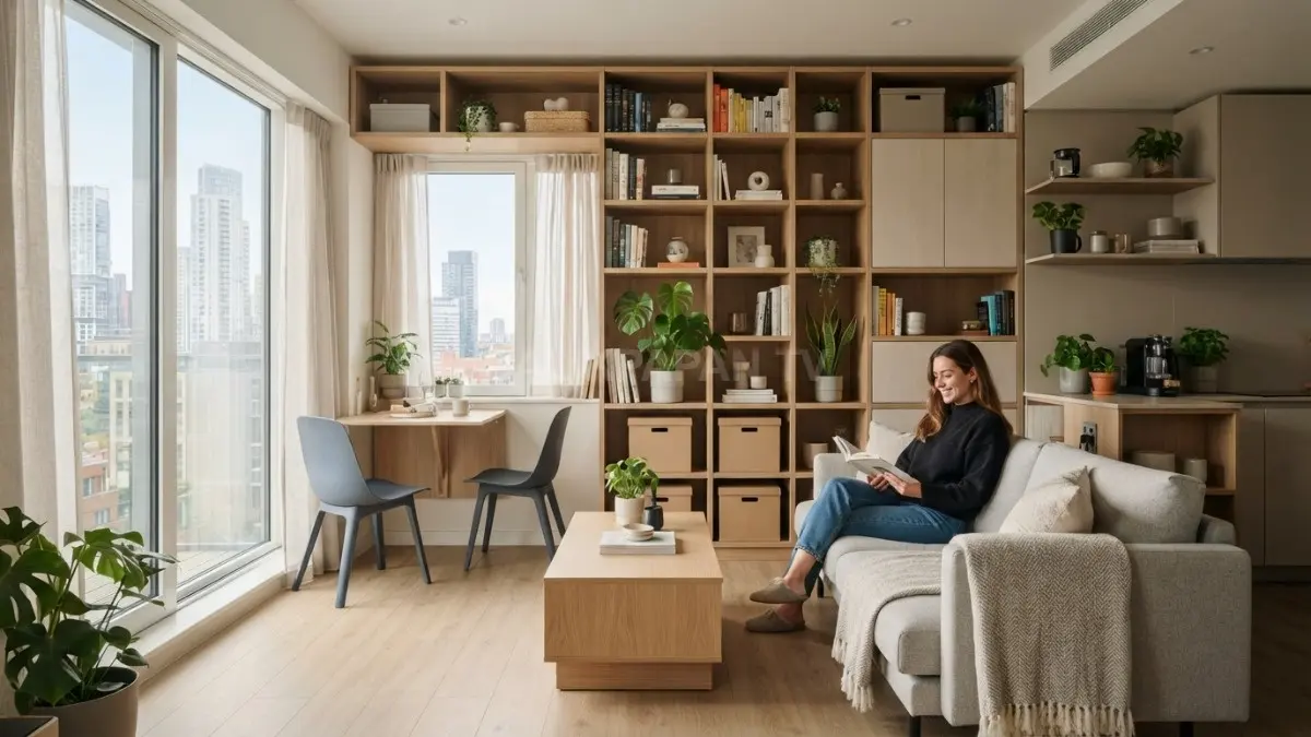 Ruang kecil tampil menawan dengan furnitur multifungsi, penyimpanan vertikal, dan pembagian zona yang efisien. (BTV/AI)