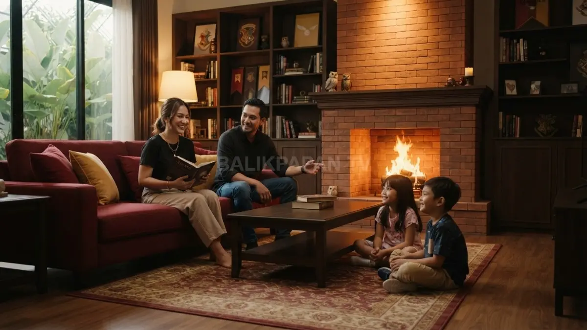 Ruang keluarga bergaya Gryffindor memadukan merah tua, aksen emas, furnitur kayu, dan pencahayaan hangat. (BTV/AI)